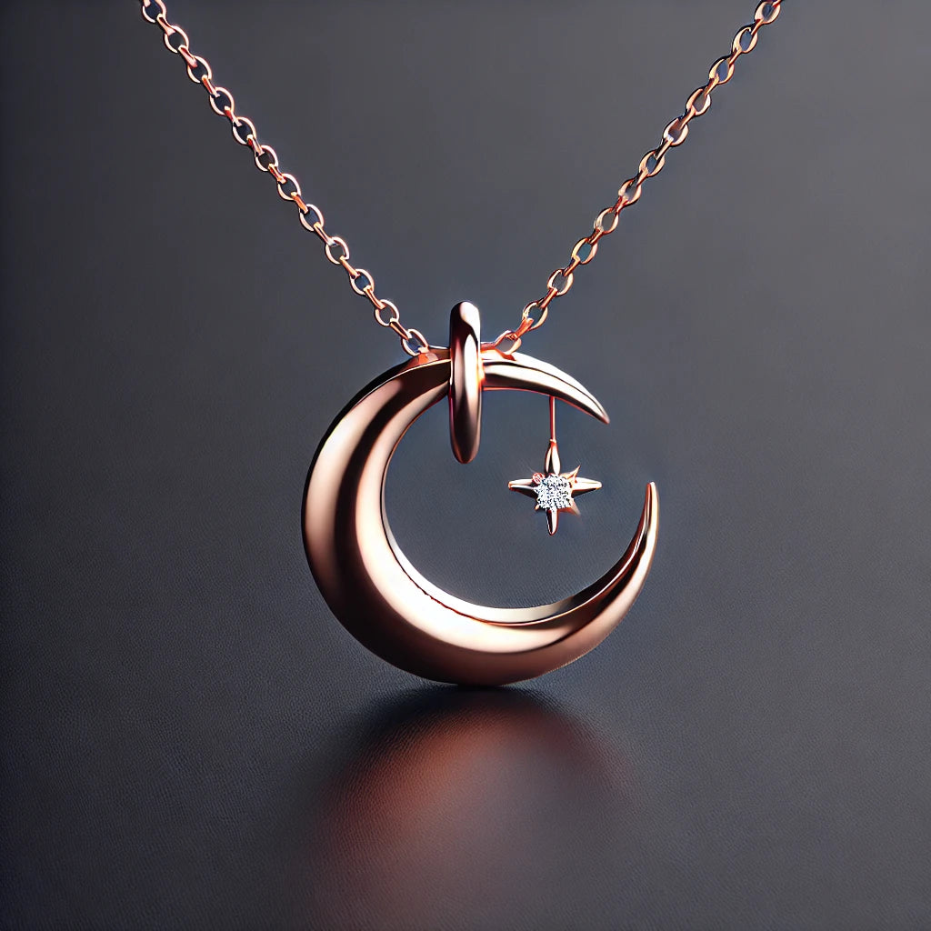 Crescent Moon and Star Pendant Necklace - Rose Gold